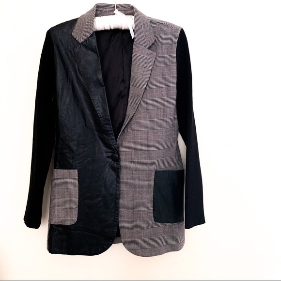 Vintage Jackets & Blazers - 80’s Retro Mixed Media Faux Leather Check Blazer M